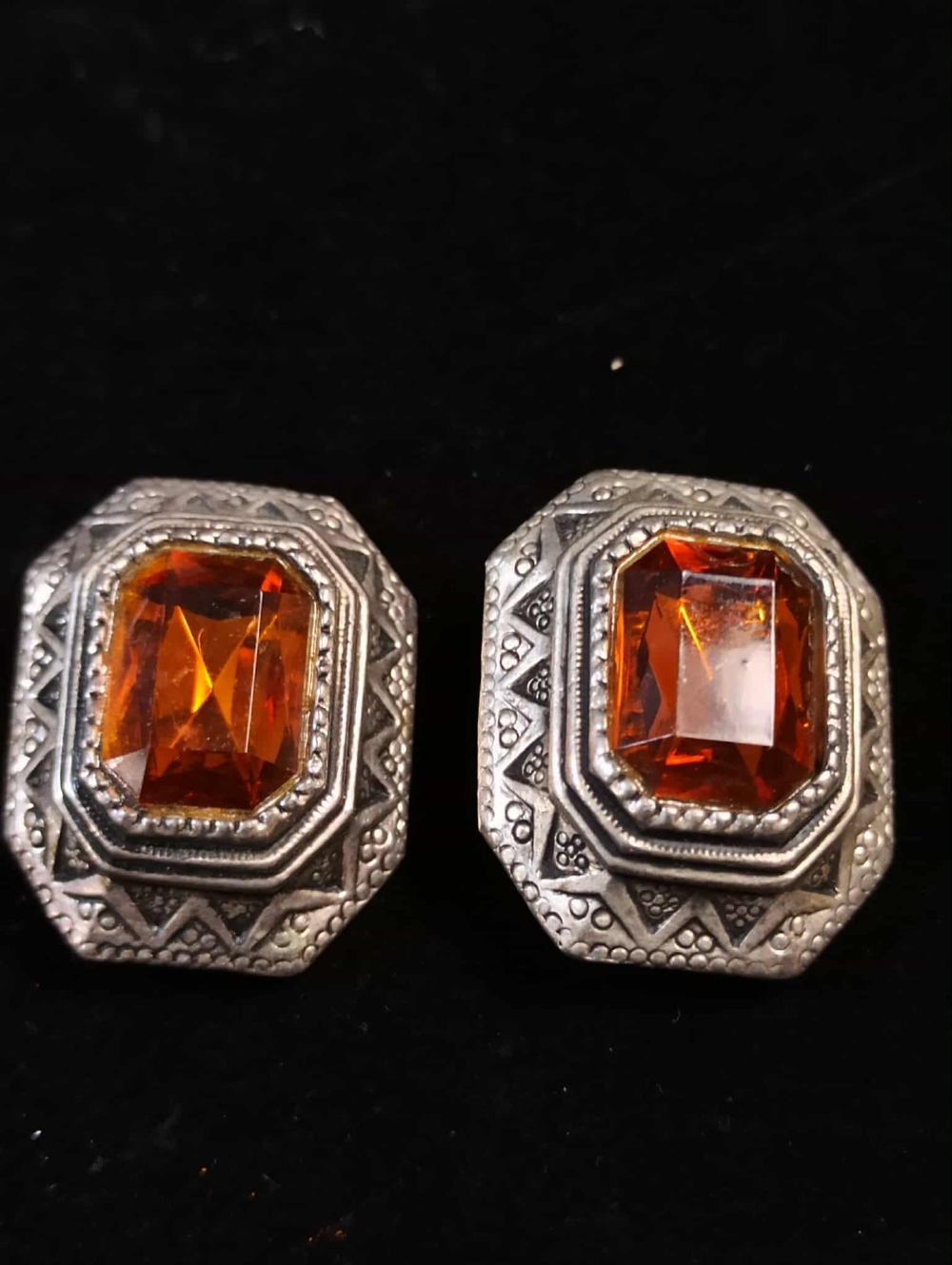 Vintage 80’s Amber Faceted Glass Statement Earrings Silver Tone Heavy Art Deco - Picture 10 of 11